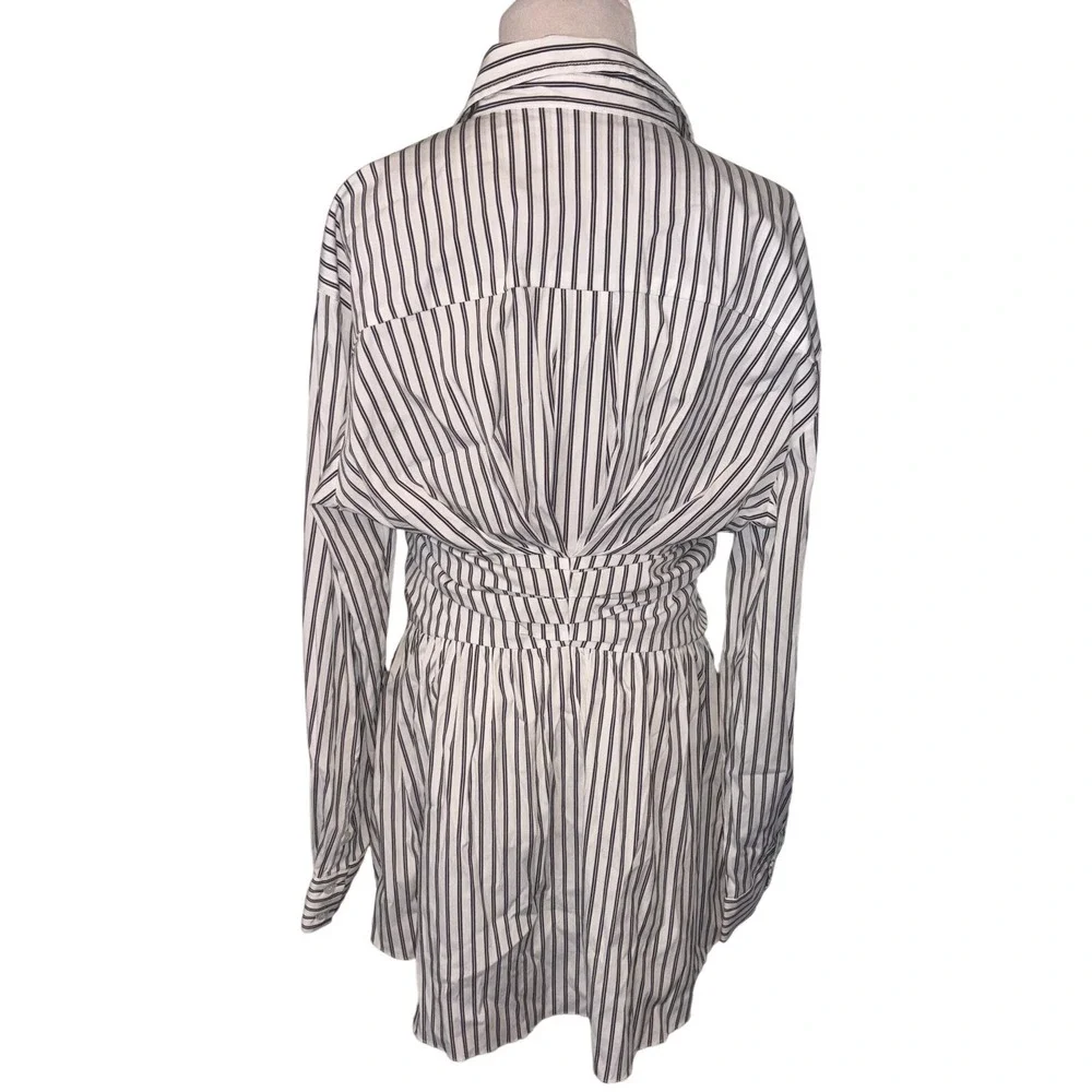 Moon River Striped Shirt Dress Medium M Blue White Ruched Coastal Office Tunic‎ - Picture 3 of 4